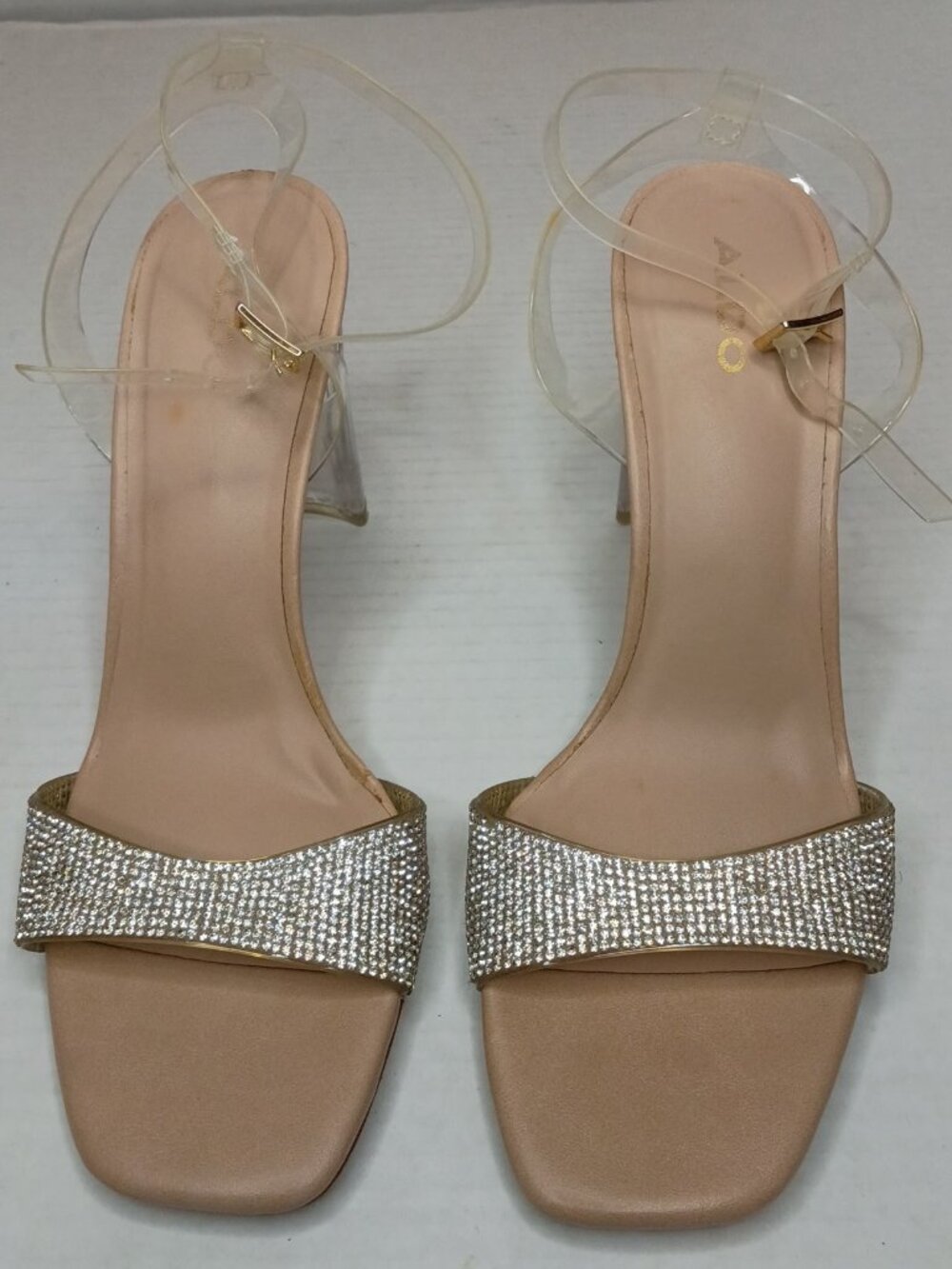 ALDO Miracia Clear Rhinestone Block Heel Sandals Women’s Size 8